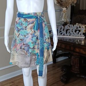 New 100% Silk Floral Wrap Tiared Skirt Teal & Beige By Paths Of The Spirit